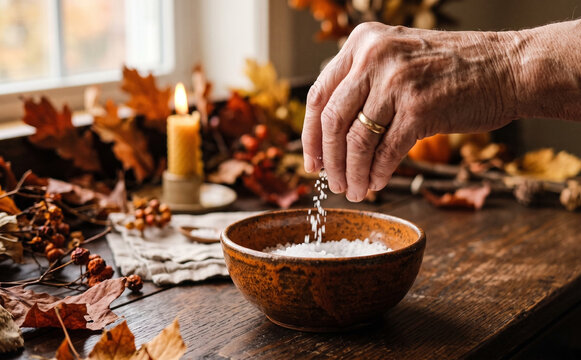 Elderly female hand sprinkling coarse white salt into a ceramic bowl during autumn season ritual