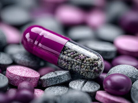 Close-up macro shot of a single purple capsule filled with tiny beads, resting on a pile of pink and grey pills