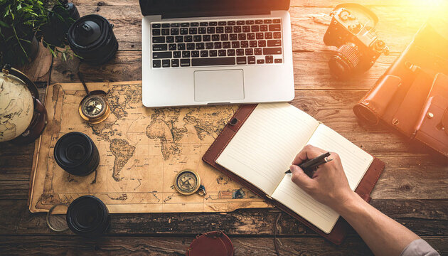 A traveler plans an adventure on a vintage world map, using a laptop, compass, and camera. This rustic desk scene evokes feelings of wanderlust, discovery, and creative freedom for any journey.