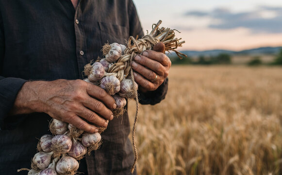Middle-aged male farmer holding a braided string of freshly harvested garlic in a rural field
