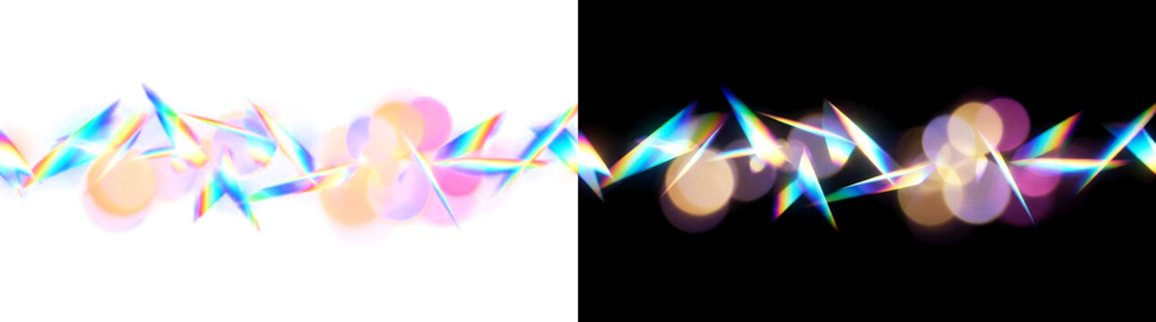Prismatic crystal light flare caustics and soft bokeh motes effect overlay isolated on transparent background
