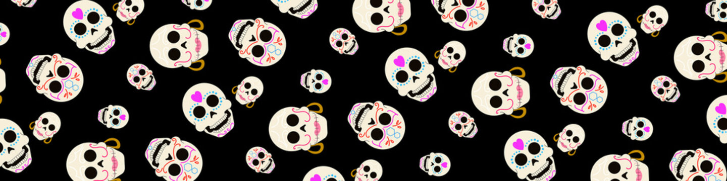 Banner with a festive pattern of small sugar skulls on a dark background. Catrina heads