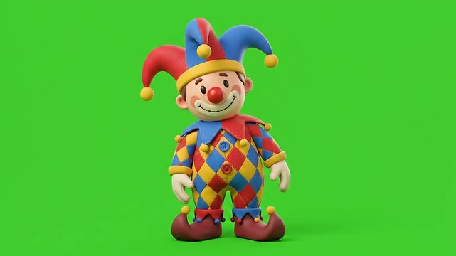 3d cartoon jester character waving and posing on green screen