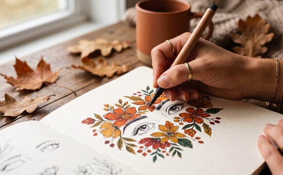 Woman drawing floral illustration in sketch pad surrounded by autumn leaves on wooden table