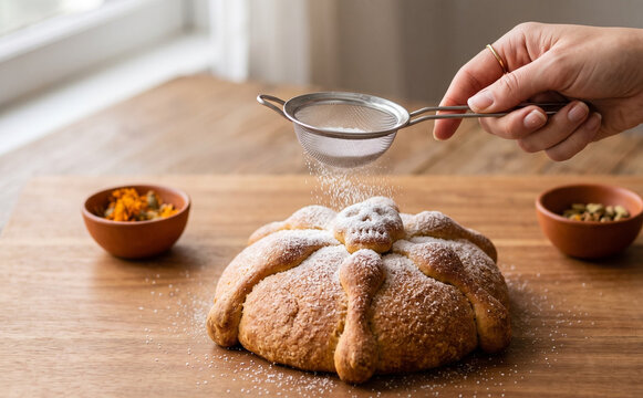 Pan de muerto traditional Mexican bread dusted with powdered sugar for Day of the Dead celebration