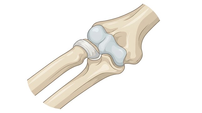 Proximal radioulnar joint anatomy illustration showing elbow joint bones and cartilage