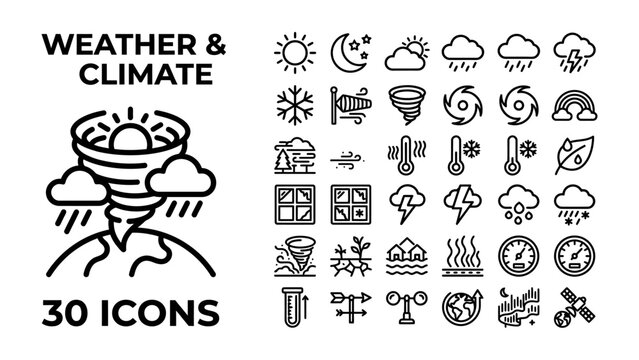 Weather and Climate Icons: A collection of 30 outline icons representing various weather phenomena and climate conditions, including a tornado, sunshine, rain, snow, and wind.