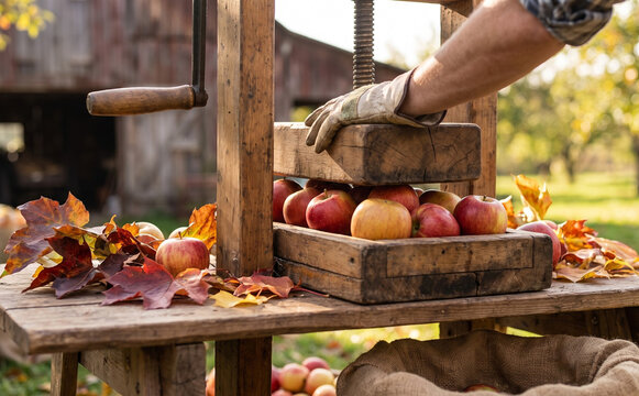Traditional apple cider pressing in autumn with a wooden press and fresh red apples
