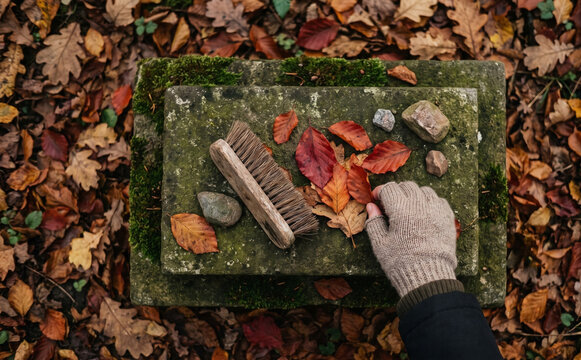 Gloved hand cleaning autumn leaves from an old stone gravestone in a forest cemetery