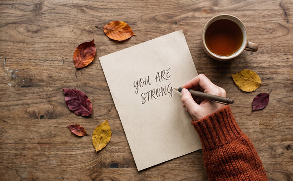 Handwriting Inspirational Quote You Are Strong on Paper with Autumn Leaves and Coffee