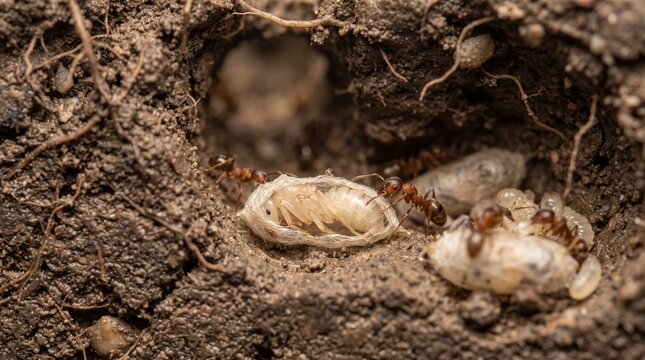 Ants moving pupa in nest