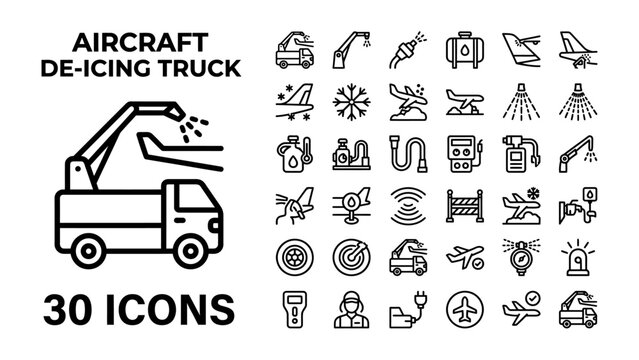 Aircraft De-icing Truck and Service Icons: A collection of 30 black and white icons depicting an aircraft de-icing truck in action.