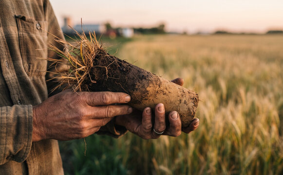 Middle-aged male farmer inspecting a soil core sample in a wheat field, representing agricultural sustainability and earth testing