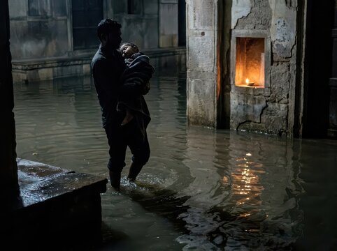 Flood rescue father carries child through an inundated shelter