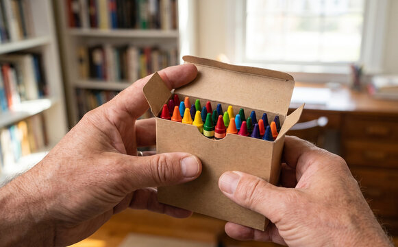 Elderly man holding a cardboard box filled with colorful crayons in a bright room