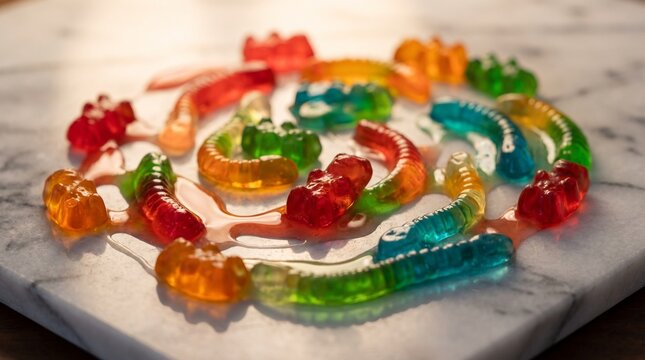 Assorted Multicolored Gummy Bears and Worms Melting on a Polished White Marble Surface