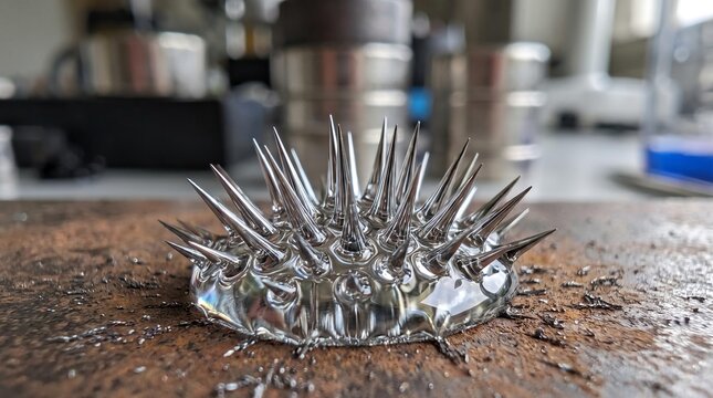 Fascinating close-up of ferrofluid forming sharp, metallic spikes under the influence of a magnetic field, illustrating fluid dynamics and scientific experimentation