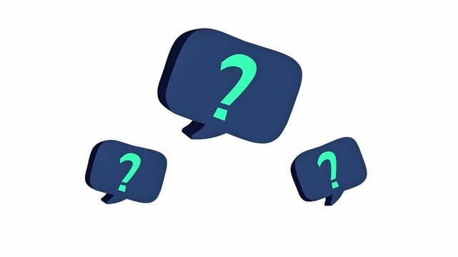 3D animation featuring three blue speech bubbles with teal question marks, representing FAQ, support, and inquiries.