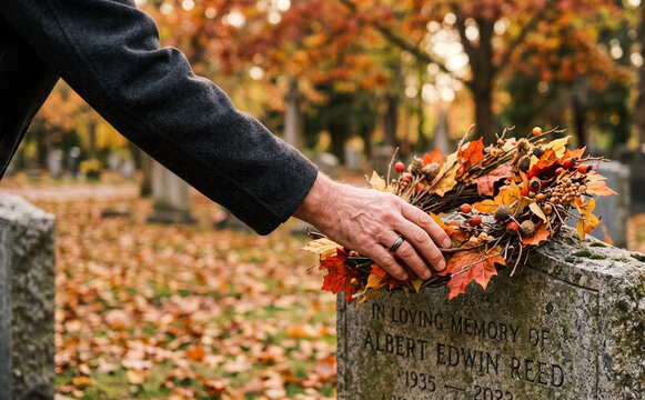 Person placing an autumn leaf wreath on a gravestone in a cemetery in autumn for remembrance and memorial