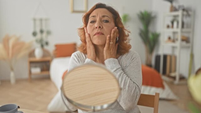 Woman touching face with hands in front of tabletop mirror at bedroom dressing table with plant, mug and soft bedding visible; aging concern self care.