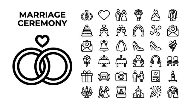 Wedding Ceremony Icons: A comprehensive collection of line art icons representing elements of a wedding ceremony, including rings, couple, cake, and church.
