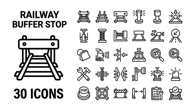 Railway Buffer Stop Icons: A collection of clean, linear icons representing various elements of a railway buffer stop system and associated equipment.