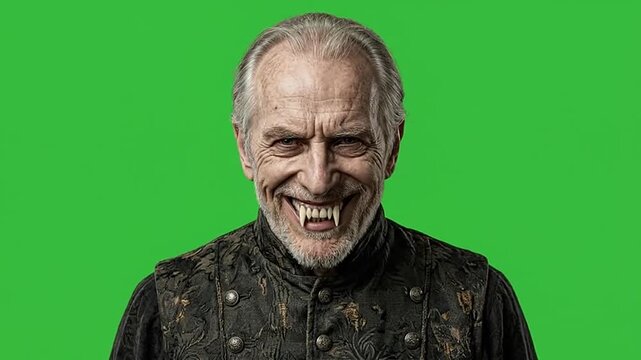 Halloween vampire man showing fangs on green screen