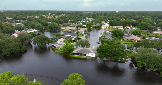Tropical rainstorm flooded residential homes in suburban community in Florida. Hurricane aftermath.