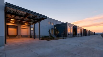 Obraz premium Modern industrial building with loading docks and glass entrance under sunset sky concrete pavement and metal roofing structure