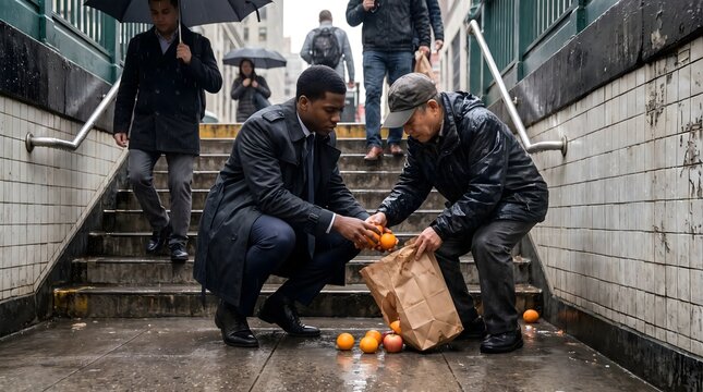 Acts of Kindness in the City A Business Man Helps a Street Vendor Recover Dropped Oranges on the Stairs
