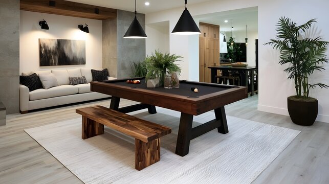Modern game room with wooden pool table  bench  and minimalist decor under black pendant lights