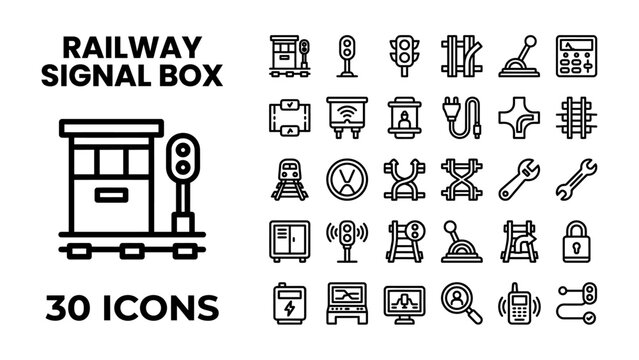 Railway Signal Box Icons: A collection of 30 line icons representing various elements of a railway signal box and its surrounding infrastructure.