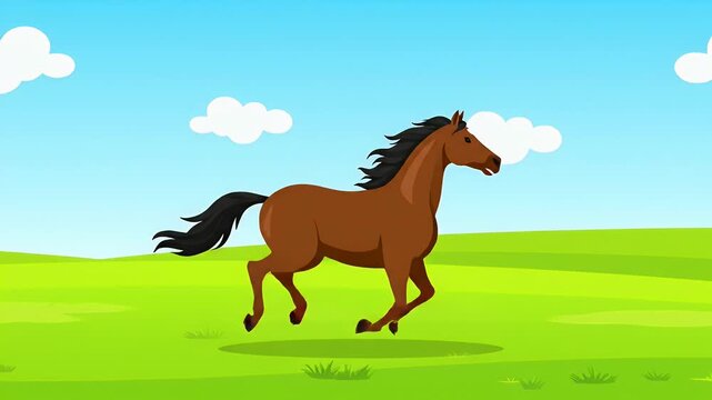 Vector illustration of a brown horse running fast across a green field under a clear blue sky