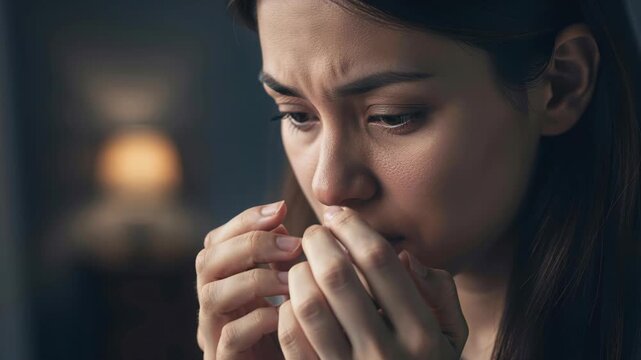 Anxiety's Grip: A young woman's face is etched with worry and contemplation as she nervously picks at her nails, her gaze downward in a moment of deep introspection and emotional distress.