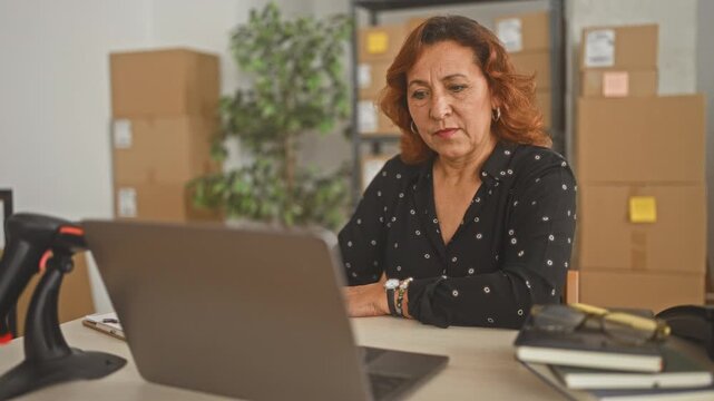 Woman points finger to laptop among packed parcels and stacked cardboard boxes with barcode scanner and notebooks on desk in a building; entrepreneurial optimism.