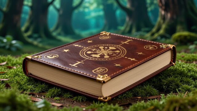 Closed leather-bound book with golden mystical symbols and celestial designs on cover, resting on lush moss in a enchanted forest setting