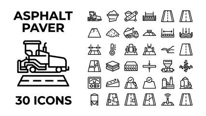 Obraz premium Asphalt Paver and Road Construction Icons: A collection of 30 line icons depicting an asphalt paver machine and various elements of road construction, including material piles, paving process.