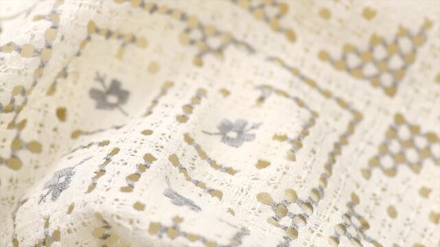 Cross stitch. Homespun cloth decorated with the handmade embroidery. White and grey thread, stitching. Linen fabric, handmade cross-stitch texture background, lace, natural eco linen tablecloth