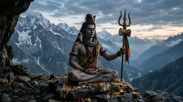 Lord Shiva meditating in the Himalayas with trishul and snake on a tiger skin during sunrise