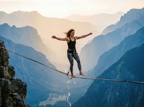 Slackline balance woman crossing mountain valley at sunset