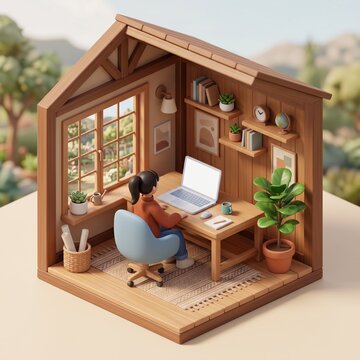 3D cutaway of a woman working at a laptop in a tiny wooden office