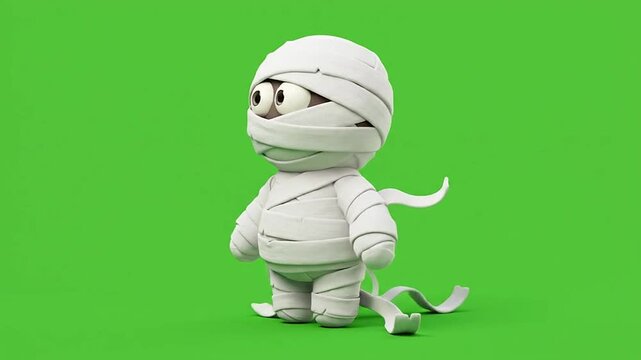 Cute 3d cartoon mummy character poses on green screen