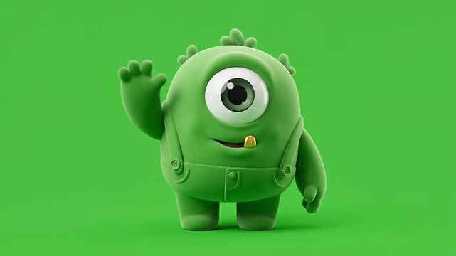 Cute green one eyed monster waving and smiling for halloween