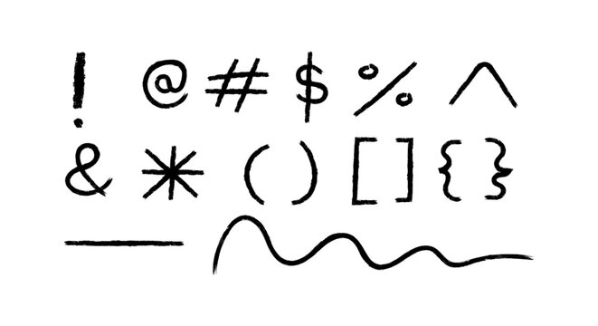Hand-drawn punctuation marks set, including exclamation, at, hash, dollar, percent, and caret symbols. creative design element.
