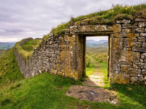 Ancient Stone Gate in Green Hillside Ruin