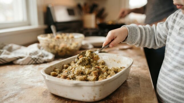 Young boy scooping stuffing from a ceramic baking dish in a home kitchen