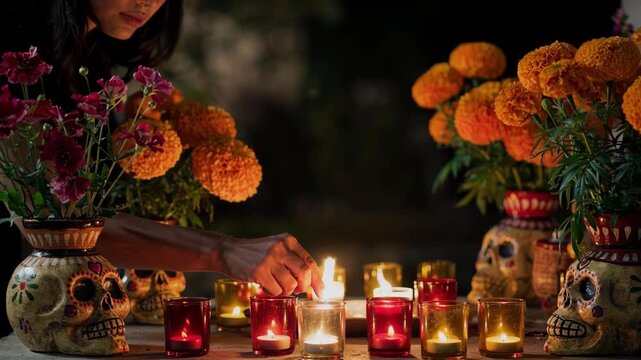 Woman lighting candles among marigolds and decorative skulls on a Day of the Dead altar