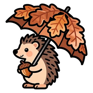 Cute cartoon hedgehog with autumn leaves umbrella and acorn in fall season.