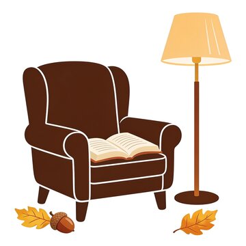 Cozy brown armchair with open book next to vintage floor lamp and autumn leaves.