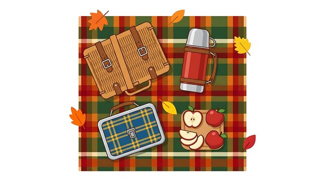Cozy autumn picnic flat lay with wicker suitcase thermos lunchbox and apples.